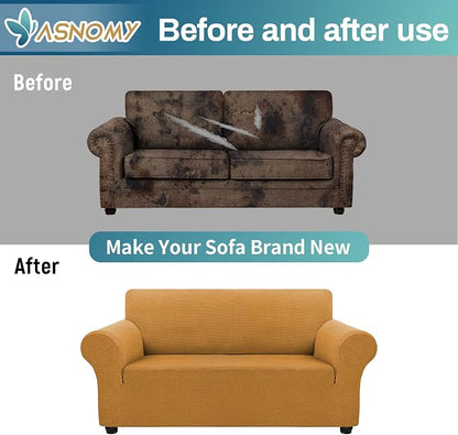 Asnomy Stretch Couch Covers Washable,loveseat Cover Slipcovers,Golden | 1-Piece Sofa Cover(55"-78") loveseat cover Furniture Protector Soft Jacquard,Non-Slip Elastic Bottom for Dogs & Kids