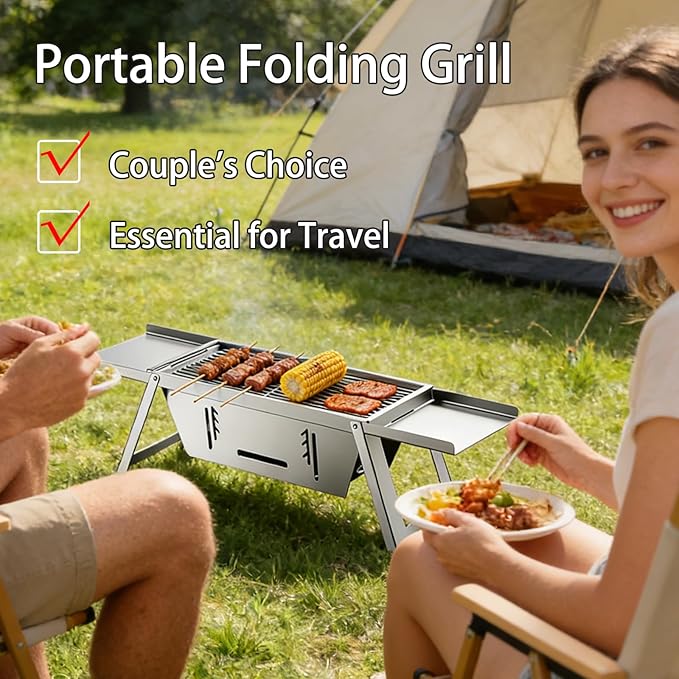 Foldable Small Charcoal Grill Portable Stainless Steel Charcoal Grill Perfect for 2-3 Outdoor Enthusiasts Ideal for Camping, BBQ, Picnics Tailgating Includes Gloves & Carry Bag