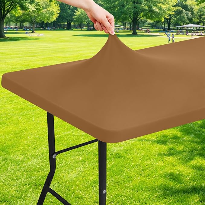 Moosfor Spandex 4 Foot Rectangle Table Cloth, Elastic Fitted Tablecloths for Picnic, Stretch Washable Patio Table Cover for Outdoor, Camping, Banquet and Parties (Brown, 24"x48")