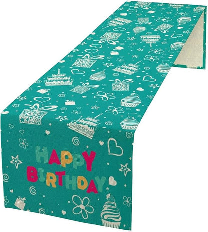 Happy Birthday Table Runner Decor, Blue with Cake and Gifts Table Runner Celebrate Summer Holiday for Holiday Party, Birthday Decorations for Children 13x90in