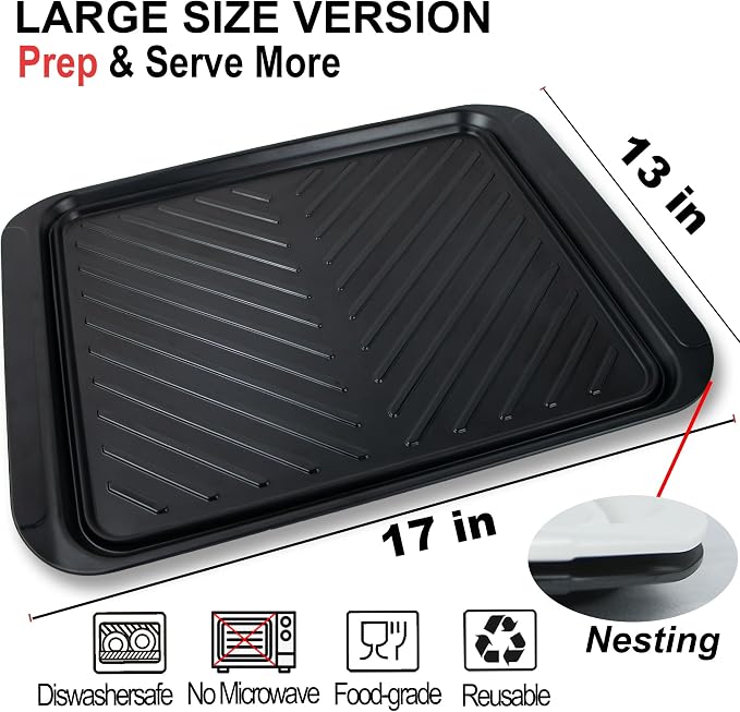 ECOIOU Extra Large Grilling Prep and Serve Trays, 17.3x13 inch BBQ Tray for Raw and Cooked Food, Melamine Serving Trays for Food, Set of 2, Black and White