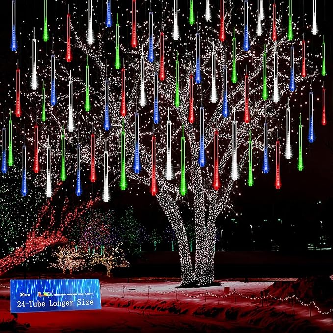Kwaiffeo Icicle Lights Outdoor, 24 Tubes(Equivalent to Pack of 3 8-Tube) Meteor Shower Lights for Xmas Halloween Decorations Yard Party Tree, Multi Color(Purple Blue Green White)