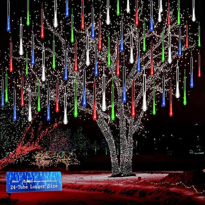 Kwaiffeo Icicle Lights Outdoor, 24 Tubes(Equivalent to Pack of 3 8-Tube) Meteor Shower Lights for Xmas Halloween Decorations Yard Party Tree, Multi Color(Purple Blue Green White)