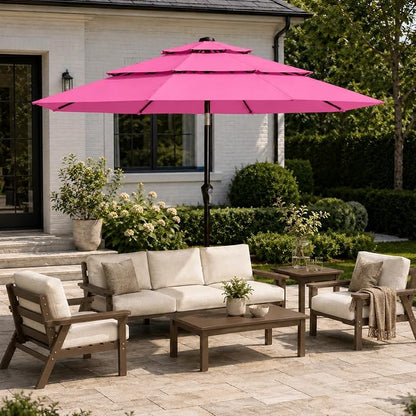 10ft Patio Umbrella, 3-Tier Vented Outdoor Table Umbrella with 8 Sturdy Fiberglass Ribs, Windproof Market Umbrella with Push Button Tilt and Crank, UV Protection for Deck, Pool, Rose Pink
