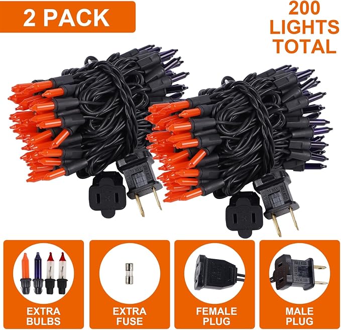 2 Pack Orange&Purple Halloween Lights, 100 Count, Incandescent Mini Halloween String Lights Outdoor, Black Wire Connectable Tree Light for Garland Xmas Thanksgiving Holiday Patio Home Decor