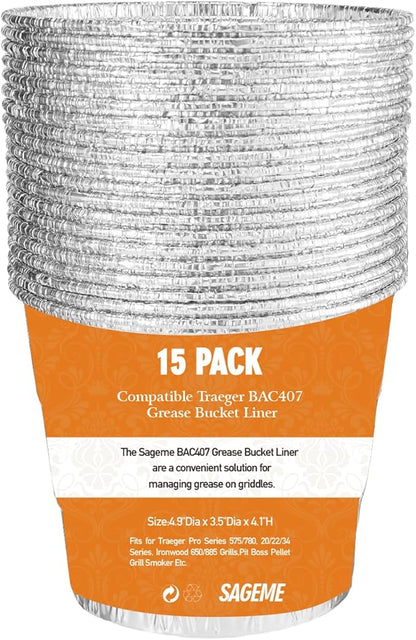 15 Pack BAC407 Grease Bucket Liner for Traeger Grills,Drip Liner Drip Pan for HDW152 Grease Bucket Traeger Pro Series 575/780, 20/22/34, Ironwood 650/885 Grills