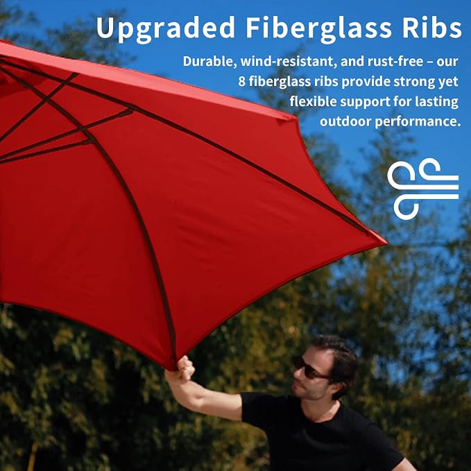9FT Patio Umbrella with Fiberglass Ribs, Outdoor Market Table Umbrella with Crank and Tilt, UV Resistant Waterproof Canopy for Patio, Garden, Deck, Pool, Red