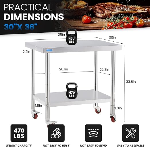 KUARBARR Stainless Steel Table for Prep & Work with 4 Caster Wheels with Undershelf 30 x 36 NSF Metal Commercial Kitchen Adjustable Under Shelf Worktable for Restaurant Home Outdoor