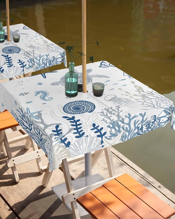 Blue Coastal Outdoor Tablecloth - 60x60 Inch Square Waterproof Dining Table Cover, Nautical Summer Beach Sea Turtle Coral Outdoor Table Cloth with Umbrella Hole & Zipper for Picnic/Patio