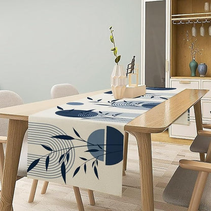 Abstract Boho Table Runner Mid Century Creative Blue Leaves Sun Geometric Arch Minimalisted Seasonal Dinner Runner for Farmhouse Home Kitchen Holiday Party Decor 13x36in