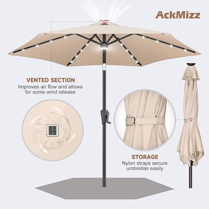 Solar Patio Umbrella with Centre Light, 7.5 ft Beige | 24 LED Lights, UV Protection, Small Solar Outdoor Umbrella for Porch, Deck, Pool, Table, Garden, Provides Evening Lighting