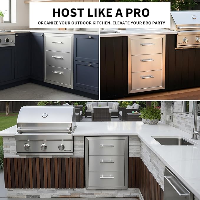 Outdoor Kitchen Drawers with Triple-Access & Handles ，18" W x 23" H x 23" D Stainless Steel Flush Mount Modular Cabinet for BBQ Islands & Patios