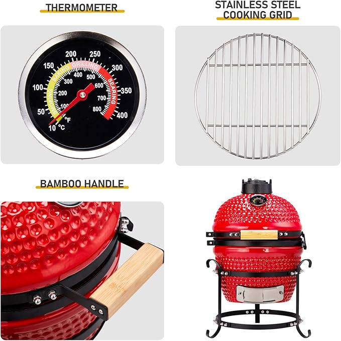 13" Portable Ceramic Grill Round Charcoal Barbecue Grills w/Thermometer and Grill Stand, Compact BBQ Grills for Garden Backyard Party Picnic Hiking Travel Outdoor Cooking Use, Easy to Assemble (Red)
