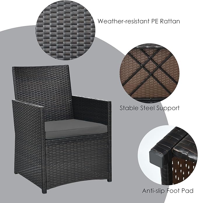 DORTALA Wicker Patio Bistro Set 3 Piece, Outdoor Table and Chairs with Tempered Glass Tabletop, Cushions, Small Rattan Furniture Conversation Sofa Set for Balcony, Porch, Backyard, Deck, Grey