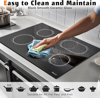 30 Inch Electric Cooktop 6400W, 240V Hard Wire (No Plug) | 4 Burner Glass Electric Stovetop 30 Inches, 99-Min Timer, Safety Lock, Pause, Rual Ring, Touch Control, 220V Hard Wired