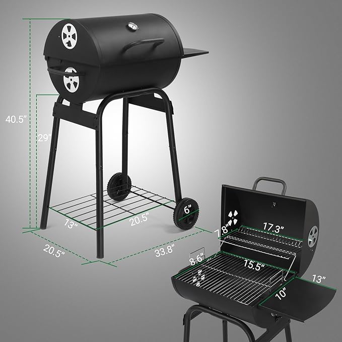 Charcoal Grill with Side Table and Wheels, Large Outdoor BBQ Grill, Barrel Grill with Adjustable Height Charcoal Pan, Temperature Gauge & Ash Tray for Backyard, Camping, Patio Parties