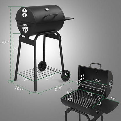 Charcoal Grill with Side Table and Wheels, Large Outdoor BBQ Grill, Barrel Grill with Adjustable Height Charcoal Pan, Temperature Gauge & Ash Tray for Backyard, Camping, Patio Parties