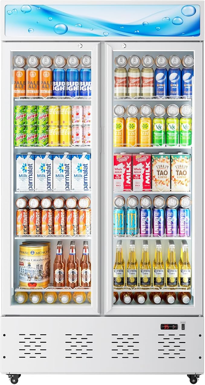 41.34'' W Commercial Beverage Refrigerators, 30 Cu.ft Glass Door Refrigerator Commercial with LED Light and 10 Shelves, Display Refrigerator for Restaurant Store Cafe Bar, White