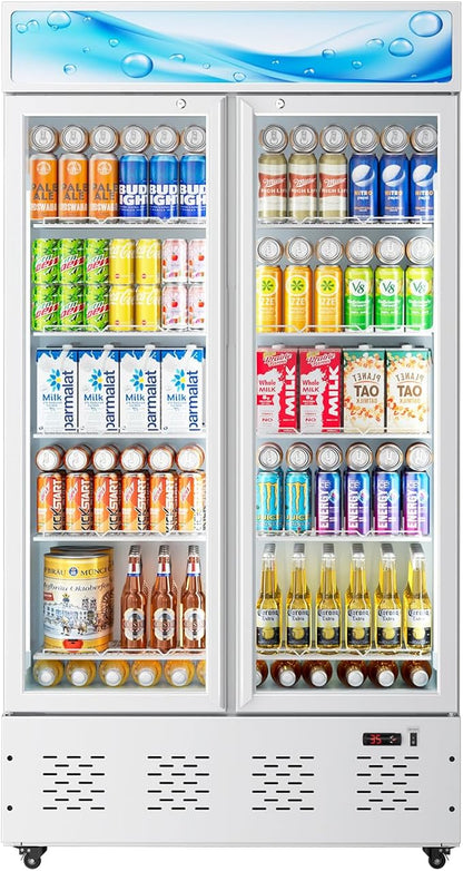 41.34'' W Commercial Beverage Refrigerators, 30 Cu.ft Glass Door Refrigerator Commercial with LED Light and 10 Shelves, Display Refrigerator for Restaurant Store Cafe Bar, White