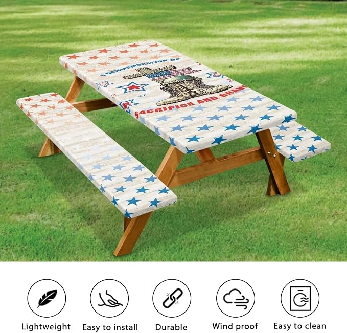 Memorial Day Outdoor Picnic Table Cover Cemetery Decorations Outdoor 3 PCS Set Fitted Picnic Table Cover for Outdoor Camping