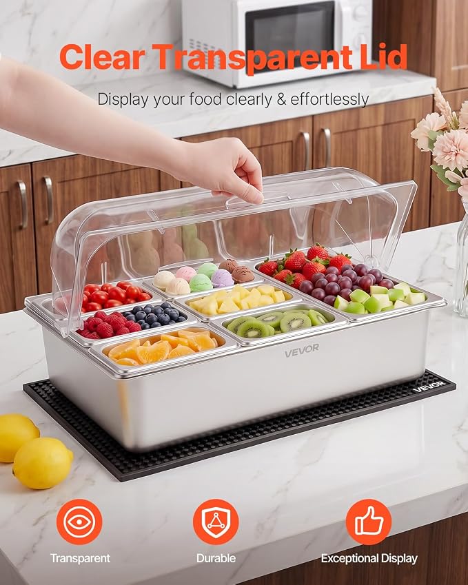 VEVOR Countertop Food Serving Display Container, Stainless Steel Food Salad Server Tray, Buffet Condiment Dispenser, Ice Cooled Rack with Clear Roll Top Cover, for Restaurant Hotel (1x1/3+6x1/9 Pan)