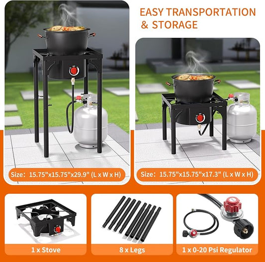Propane Burner, 75,000 BTU High Pressure Single Gas Stove with 0-20 PSI Adjustable Regulator, Camping Stove with 8 Detachable Legs for Camping, Backyard, Tailgating, Outdoor Cooking