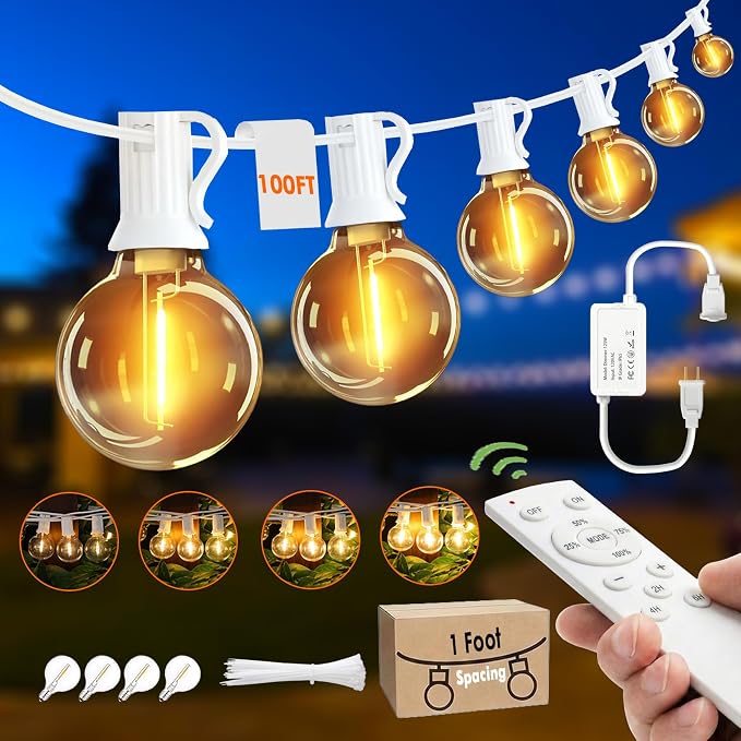 G40 Dimmable String Lights for Outside 100FT with 100+4 Bulbs 2200K | 1ft apart,Remote & Dimmer included,Bistro Lights with 3 Light Modes & Timing for Patio Backyard Gazebo Pergola Café