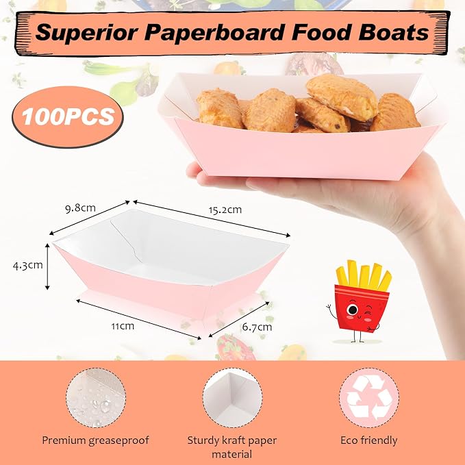 100 Pcs 2lb Paper Food Trays Boat Nacho Boats for Hot Dogs, Light Pink