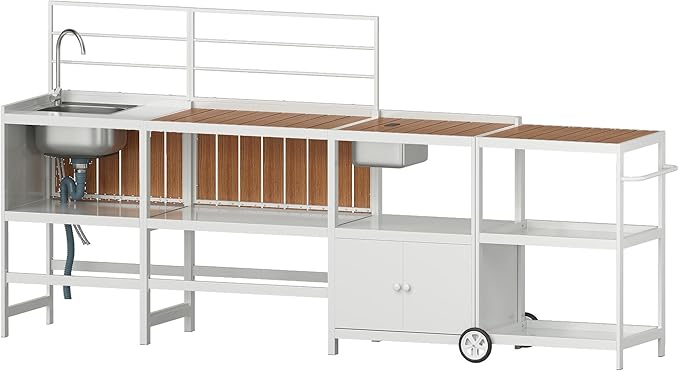 Vikiullf Aluminum Modular Outdoor Kitchen Island with Stainless Steel Sink, Movable Cart and Storage Cabinet, for Backyard BBQ, Porch Party (White)