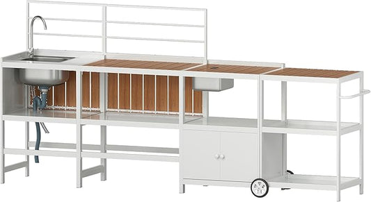 Vikiullf Aluminum Modular Outdoor Kitchen Island with Stainless Steel Sink, Movable Cart and Storage Cabinet, for Backyard BBQ, Porch Party (White)