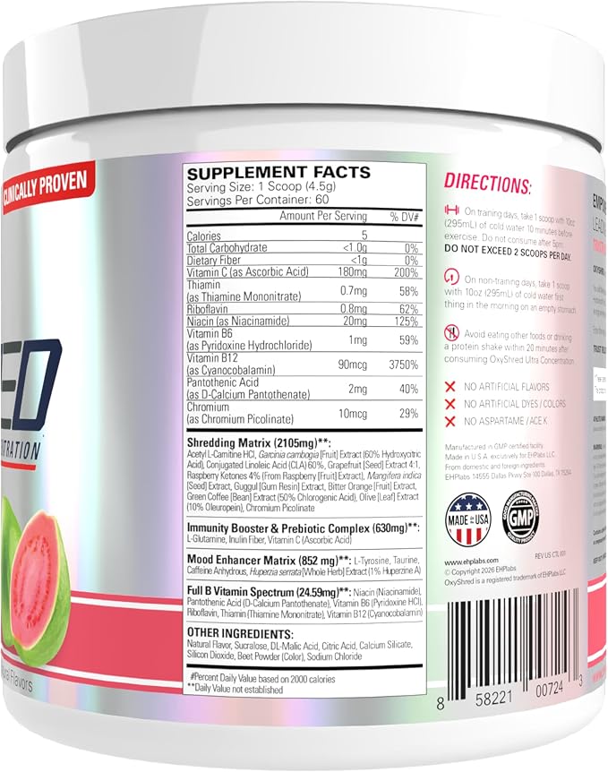 EHP Labs OxyShred Pre Workout Powder & Shredding Supplement - Preworkout Powder with L Glutamine & Acetyl L Carnitine, Energy Boost Drink - Guava Paradise, 60 Servings