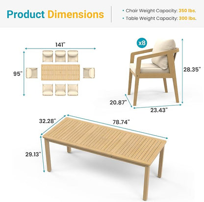 Wisteria Lane 9-Pieces Acacia Patio Table and Chairs Set for 8, Outdoor Dining Set with Umbrella Hole Table, Modern Patio Table Set with Cushion, Patio Furniture Set for Backyard Deck Garden Porch