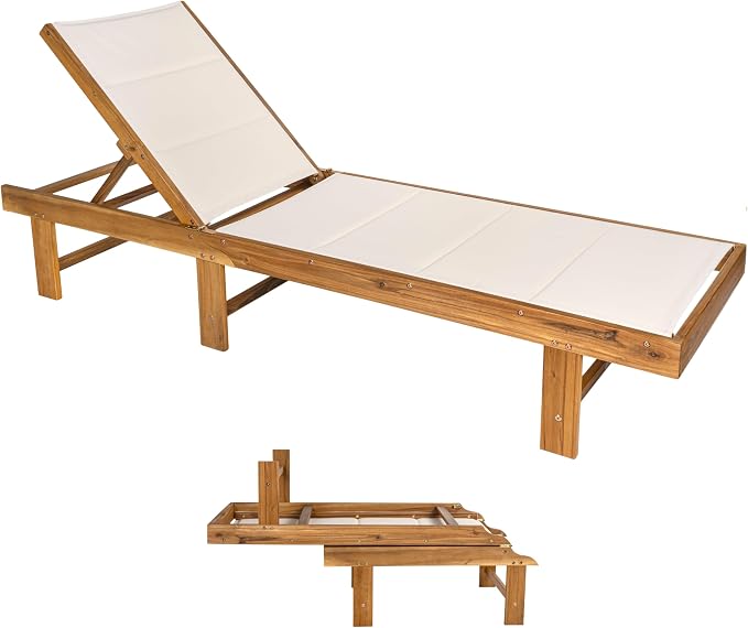 JONATHAN Y Lagunan 23.62" x 77.17" Acacia 5-Position Chair, White/Natural | Modern Coastal Reclining Patio Lounger, Foldable, Teak Oil Finish, 350lb Capacity, Breathable Mesh Sling Seat, Armless Design