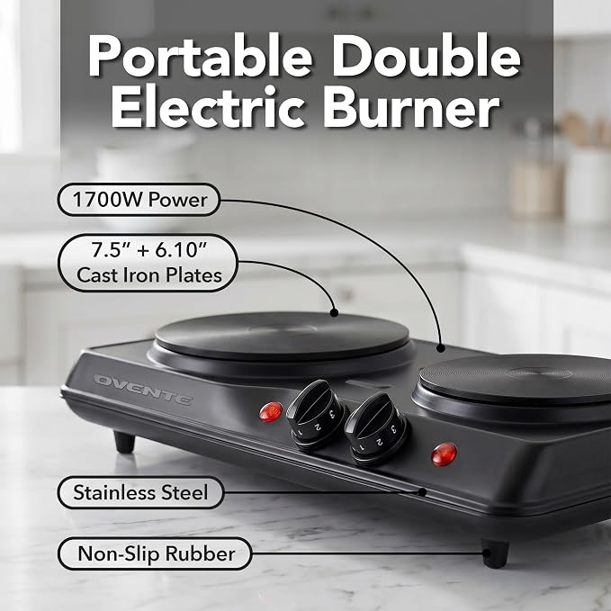 OVENTE Electric Cast Iron Double Burner, 1700W Hot Plate, Black BGS102B | 7.25" & 6.10" Portable Countertop Cooktop, Metal Housing, 5 Level Temperature Control, Indicator Light, Easy-to-Clean