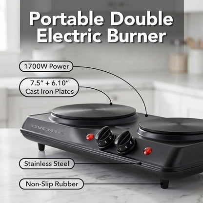 OVENTE Electric Cast Iron Double Burner, 1700W Hot Plate, Black BGS102B | 7.25" & 6.10" Portable Countertop Cooktop, Metal Housing, 5 Level Temperature Control, Indicator Light, Easy-to-Clean