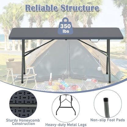 Tangkula 6 FT Folding Table, Indoor Outdoor Foldable Plastic Table with HDPE Tabletop, Sturdy Metal Fame, Carrying Handle, Heavy Duty Portable Fold-in-Half Picnic Table for Camping BBQ Party