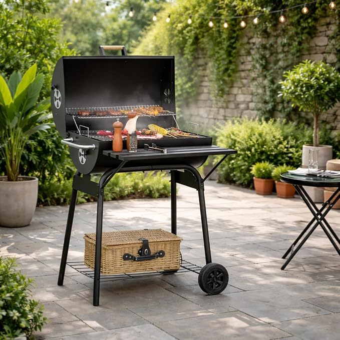 Parrilla Para Asar Carne, 30" Barrel Style Charcoal Grills, Portable Outdoor BBQ Smoker with Storage Shelf & Wheels, Heavy-Duty Steel Barbecue Grill for Garden, Camping, Picnic (30")