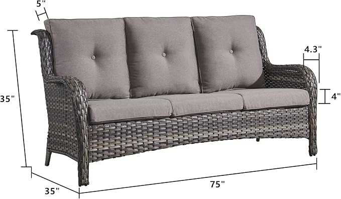 Rilyson Outdoor Patio Wicker Sofa, 900Lbs Weight Capacity Large 3 Seater Wicker Patio Couch with 4in Seat Cushions and Deep Seating, All Weather for Backyard, Garden, Poolside (Mixed Grey/Grey)