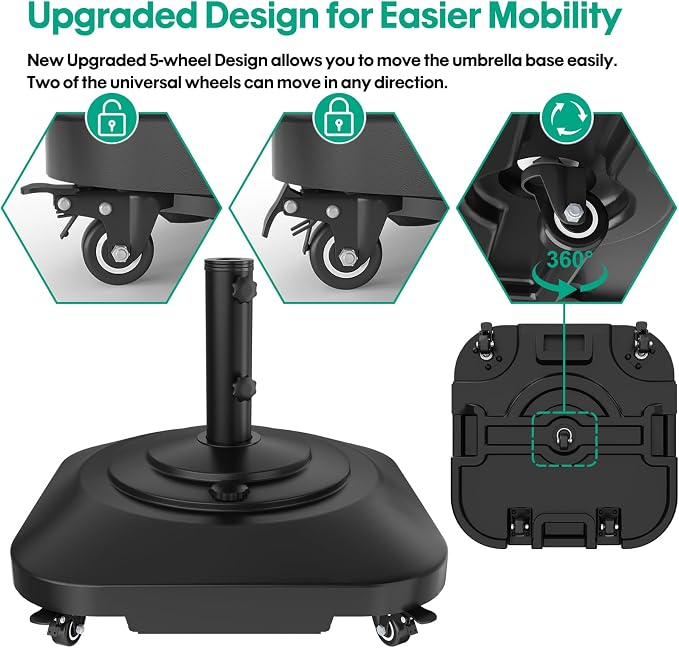 QZER Umbrella Base with Wheels, Umbrella Stand Heavy Duty 100lb Windproof | Fillable Umbrella Base Mobile Square Umbrella Stand Outdoor Base for Patio, Deck, Poolside, Lawn, Fits Most Sized Umbrellas