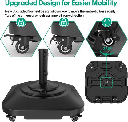 QZER Umbrella Base with Wheels, Umbrella Stand Heavy Duty 100lb Windproof | Fillable Umbrella Base Mobile Square Umbrella Stand Outdoor Base for Patio, Deck, Poolside, Lawn, Fits Most Sized Umbrellas