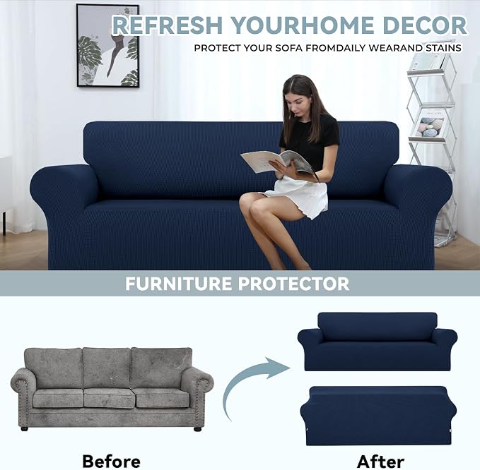 LURKA Stretch Couch Cover for Sofa, 1 Piece 3 Cushion Slipcover, Navy | Soft Stretch Jacquard, Fits 78"-94" Sofas, Elastic Bottom for Secure Fit, Machine Washable, Pet & Kid Friendly