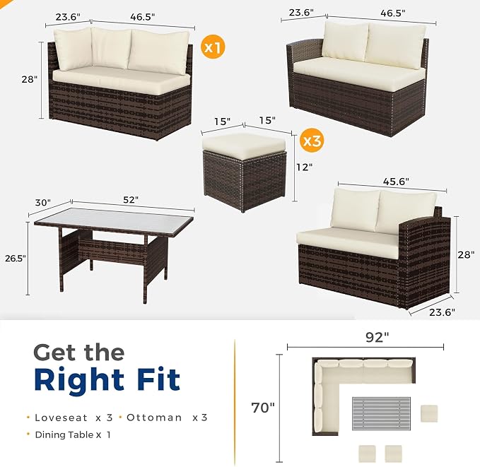 Wisteria Lane 7 Piece Patio Furniture Set, Patio Sectional for All Weather | Wide Armrest Outdoor Furniture Dining Set, Wicker Patio Sofa, Patio Conversation Sets with Ottoman for Porch, Light Brown