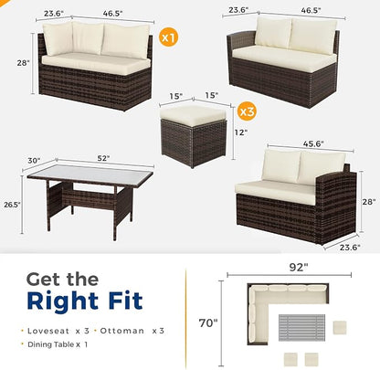 Wisteria Lane 7 Piece Patio Furniture Set, Patio Sectional for All Weather | Wide Armrest Outdoor Furniture Dining Set, Wicker Patio Sofa, Patio Conversation Sets with Ottoman for Porch, Light Brown