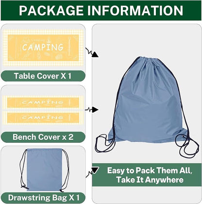 Picnic Table Cover with Bench Covers Elastic Edges, Yellow Camper Fitted Table Cover, Outdoor Patio Camping Essentials 72 Inch 3PCS, Waterproof Camping Fitted Tablecloth with Drawstring Bag