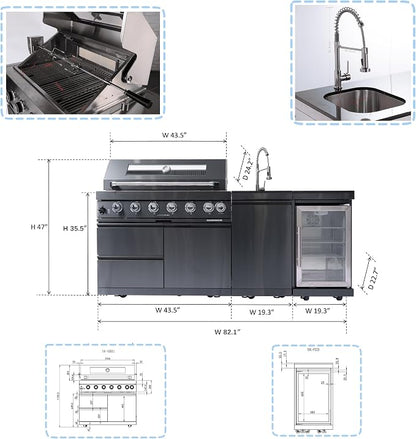 Modular 304 Stainless Steel Outdoor Kitchen Island Gas Grill,Six Burner 85000 BTU Barbecue Station with Refrigerator,Sink,Faucet,Rotisserie,Granite Countertop,Storage Drawers,Cabinets,Wheels (Black)
