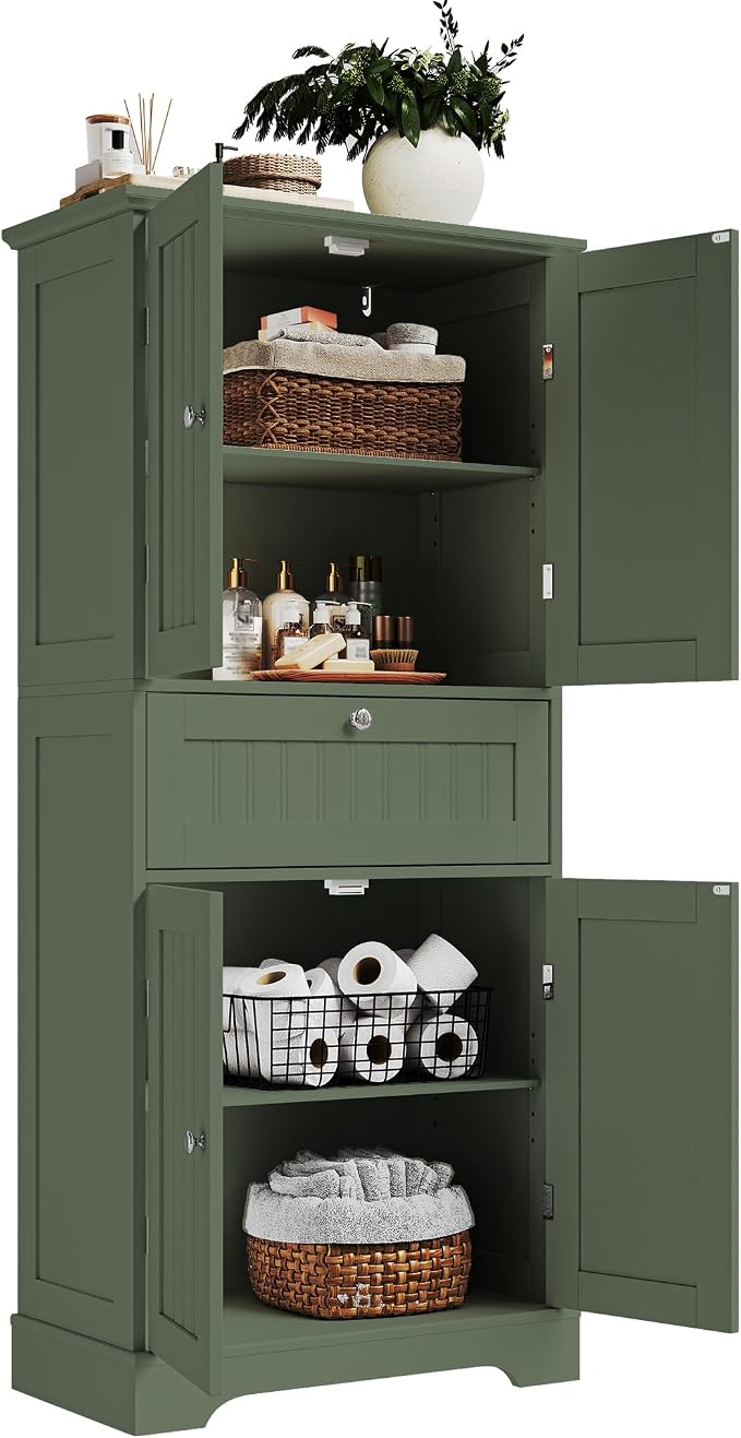 ChooChoo 51" H Bathroom Floor Cabinet with Drawers and Adjustable Shelves | Bathroom Storage Cabinet, Freestanding Kitchen Pantry Cupboard with 4 Doors for Living Room, Green