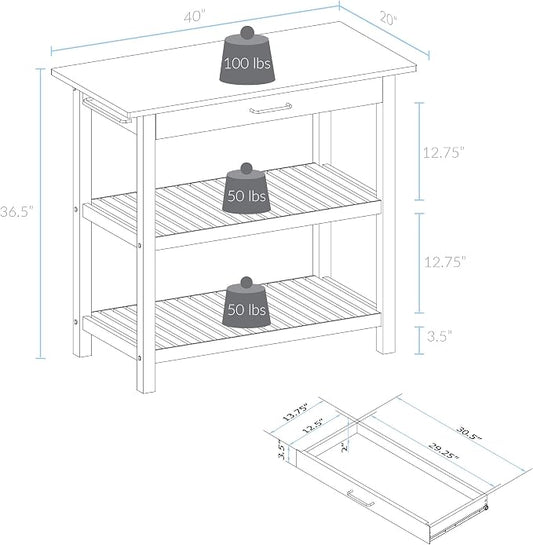 Casual Home Kitchen Island with Solid American Hardwood Top, Natural/White, 40" W (373-91)