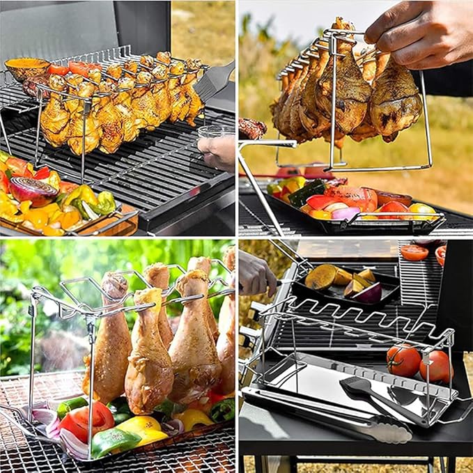 Triceratops Chicken Leg and Wing Rack with Drip Pan, 14 Slots BBQ Chicken Drumsticks Holder Stainless Steel Roaster Stand for Smoker Grill, Oven, Charcoal Grill