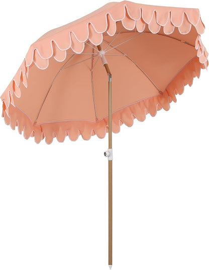 JONATHAN Y Horizon 6.5 ft. Scalloped Fringe Beach Umbrella, Coral Pink | UV 50 Sun Protection, Push Button Tilt, Matching Carry Bag, Wood Finish Iron Pole, Wind Vent, 8 Fiberglass Ribs, Pointed End