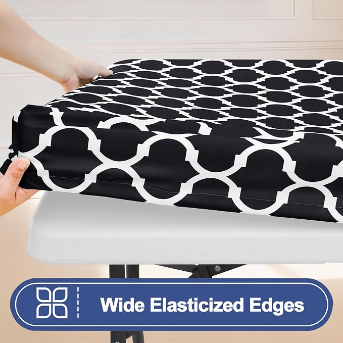 Smiry 2 Pack Rectangle Table Cloth 4 Foot, Waterproof Elastic Fitted Tablecloths, Windproof Washable Polyester Table Cover for Picnic, Camping, Outdoor (Black, 30"x48")
